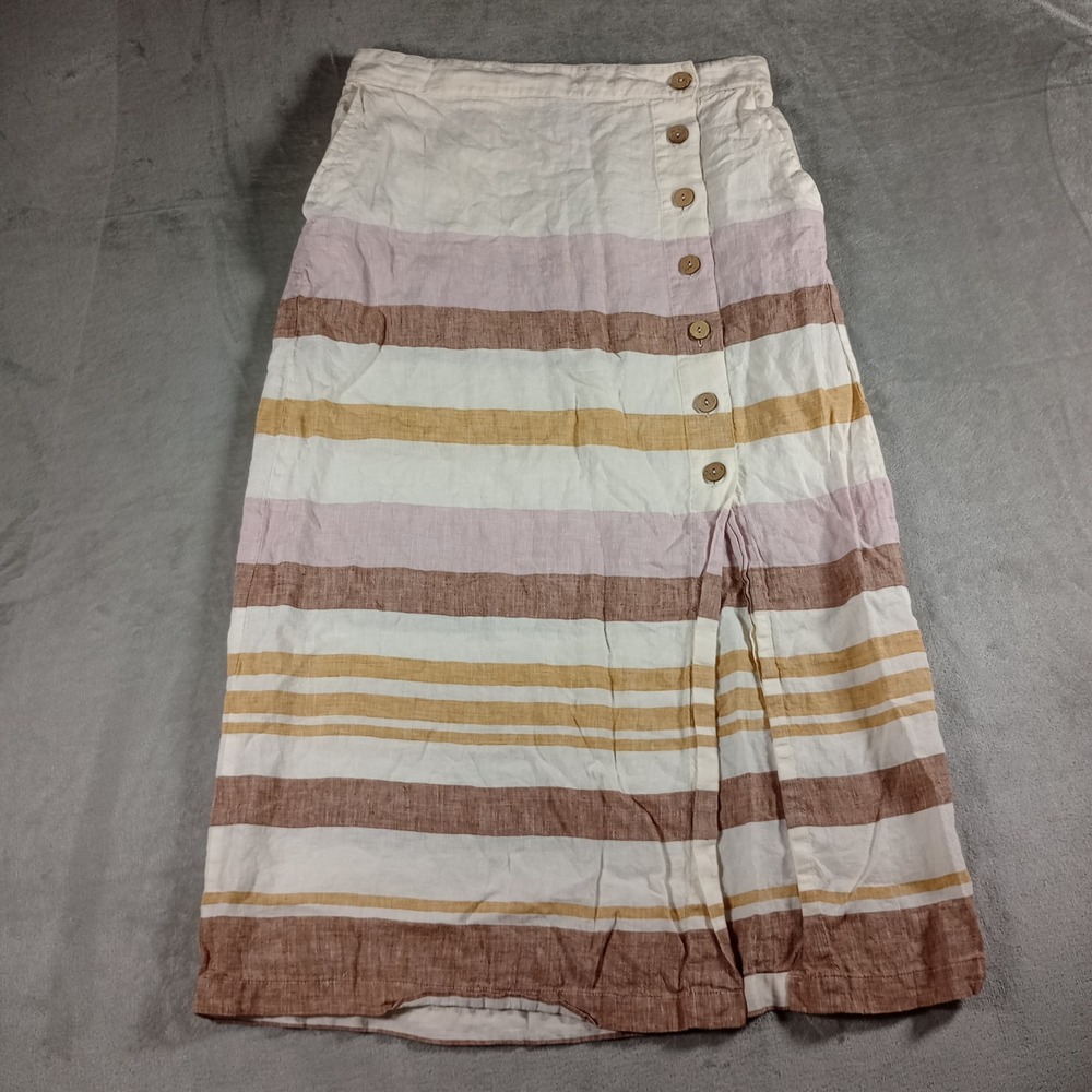 Rachel Zoe Linen Midi Skirt Womens Large Striped Button Front Slit Coastal Boho